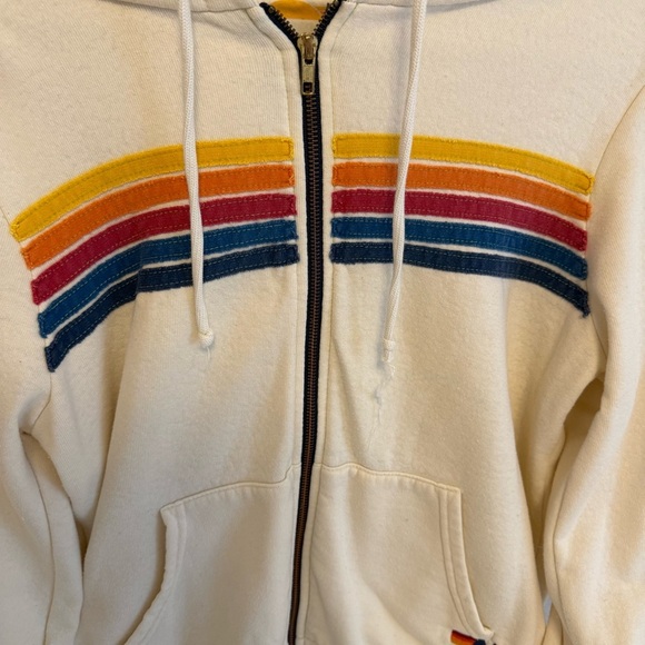 Women's Cream Zip-Up Hoodie with Rainbow Stripes 5 stripe hoodie in vintage whit - Picture 7 of 9